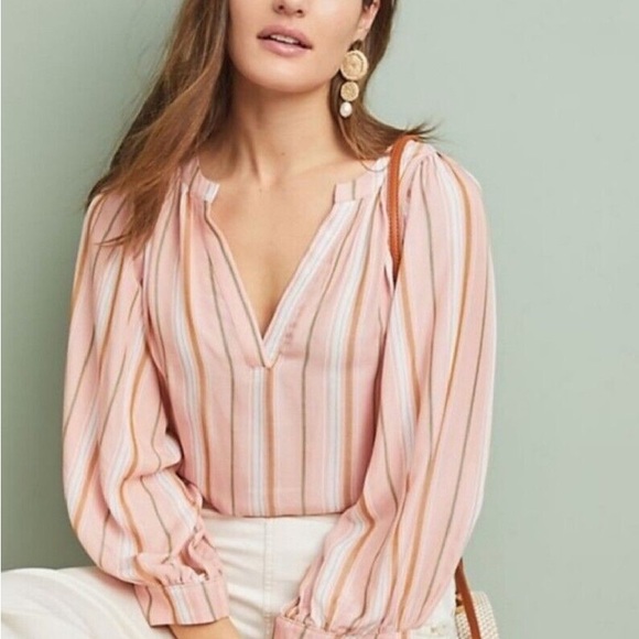Anthropologie Maeve Pink Brenda Striped Balloon Sleeve Blouse size XS EUC - Picture 2 of 8